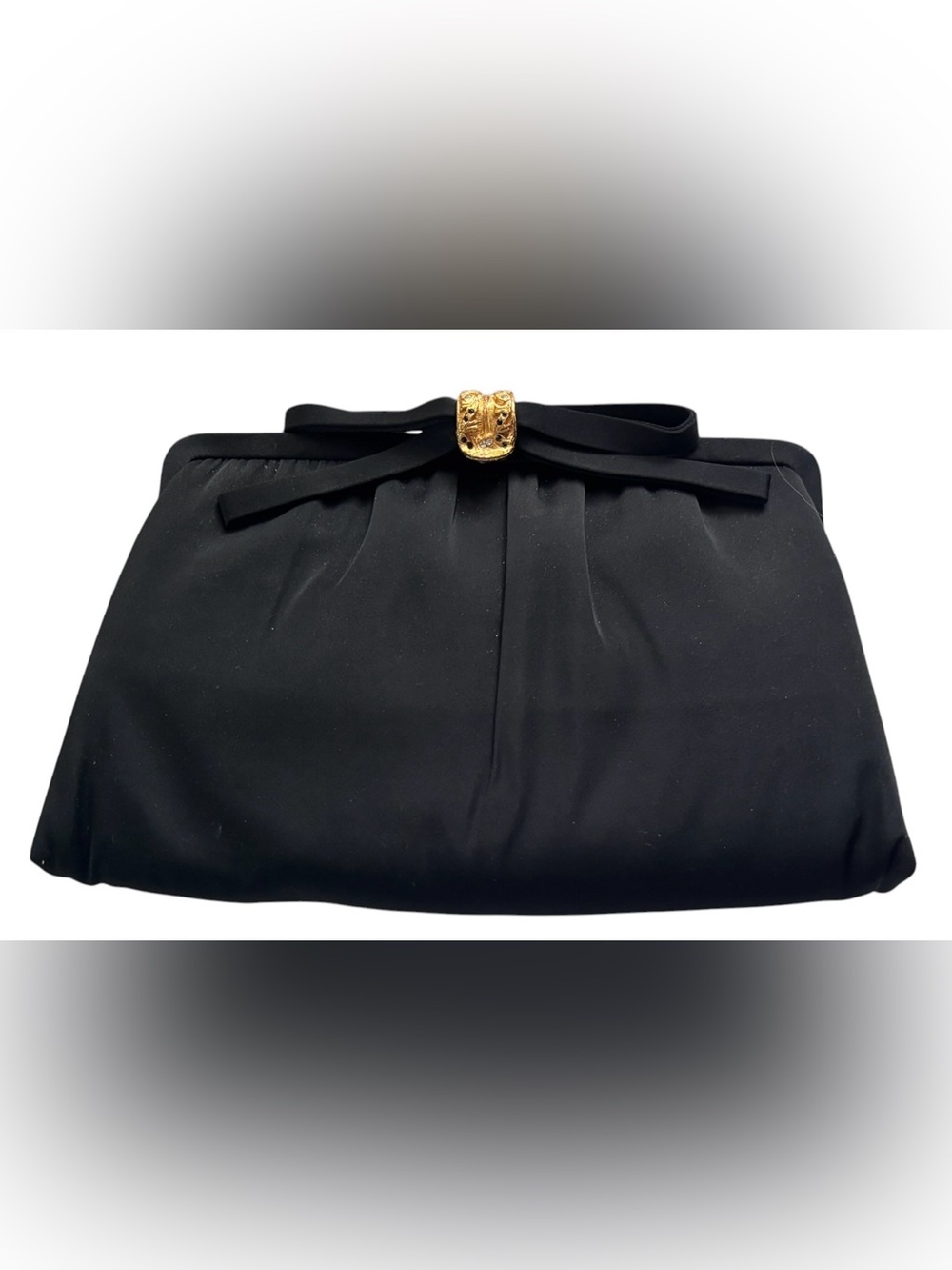 Black Satin Evening Clutch with Gold Bow Accent